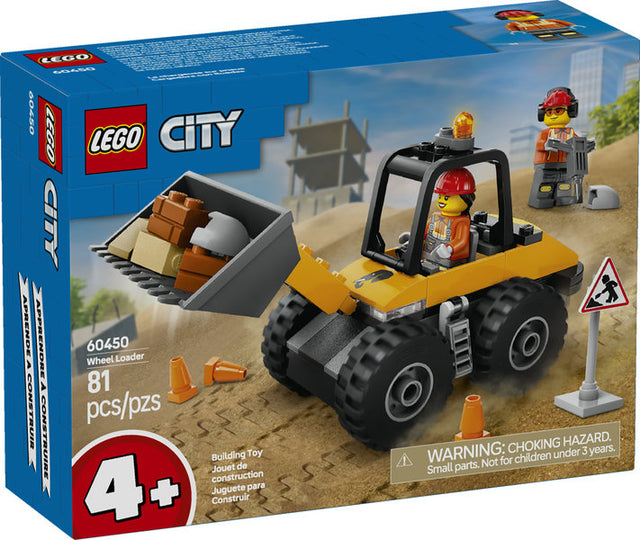 LEGO City Yellow Construction Wheel Loader with loader bucket, big tires, minifigures, and roadwork accessories for kids 4+