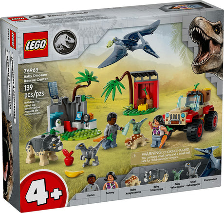 LEGO Jurassic World Baby Dinosaur Rescue Center with minifigures, baby dinosaurs, off-road vehicle, and feeding station set