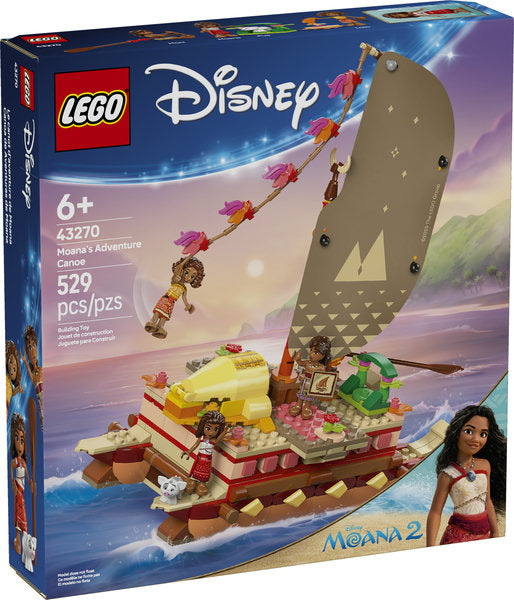 LEGO Disney Princess Moana's Adventure Canoe with printed sail, mini-doll figures, and detailed living spaces for ages 6+