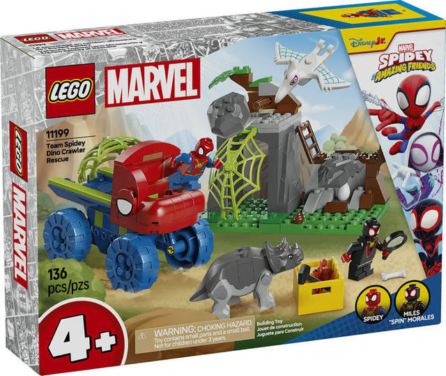 Spidey Team Spidey Dino Crawler Rescue LEGO set with Spidey, Miles Morales, and buildable dinosaur figures.