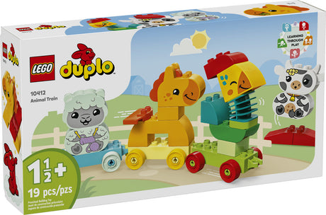 LEGO Duplo Animal Train set with buildable animal figures including rooster, lamb, cow, and horse on colorful train carriages.