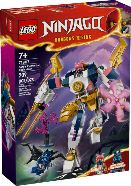 Ninjago Sora's Elemental Tech Mech building set with posable mech, sword, rotating blade, and 2 minifigures for ages 7+
