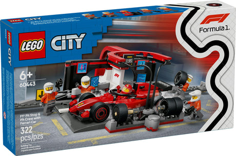 LEGO City F1 Pit Stop & Crew with Ferrari Car set featuring race car and minifigures in pit stop scene.