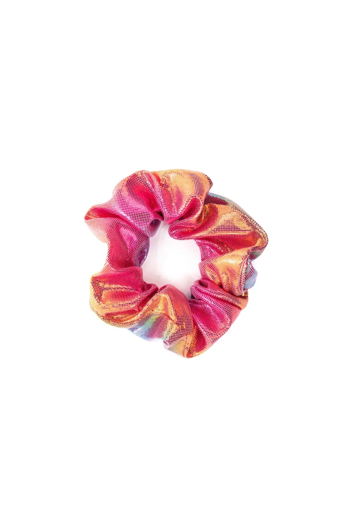 Seaside Scrunchie in vibrant metallic pink and orange spandex, perfect for fun and durable kids' hair accessories.