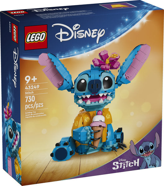 Disney Classic Stitch LEGO buildable toy with movable ears, Hawaiian shirt, ice cream cone, and flower accessory, 730 pieces set.