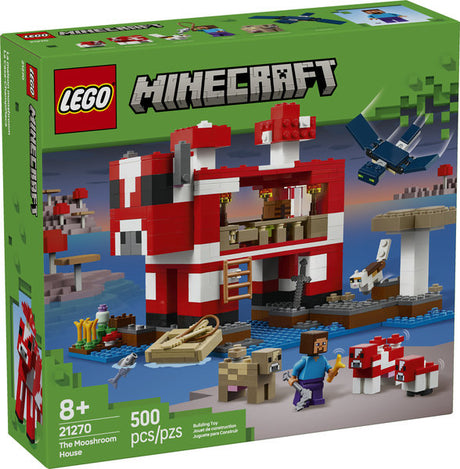 Minecraft The Mooshroom House LEGO set with characters, animals, and mushroom island building elements, 500 pieces.