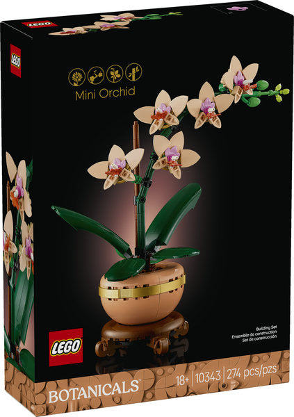 LEGO Botanicals Mini Orchid with 5 blooming flowers in terracotta pot on wood-effect plinth, ideal for home décor.