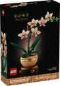 LEGO Botanicals Mini Orchid with 5 blooming flowers in terracotta pot on wood-effect plinth, ideal for home décor.