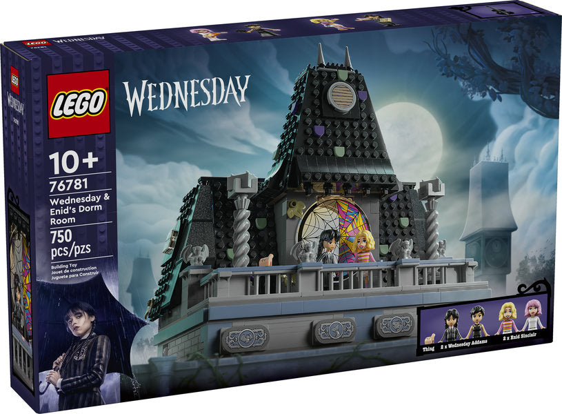 LEGO Wednesday & Enid's Dorm Room set featuring 4 Minidolls, dorm model with balcony, hidden drawers, and accessories.