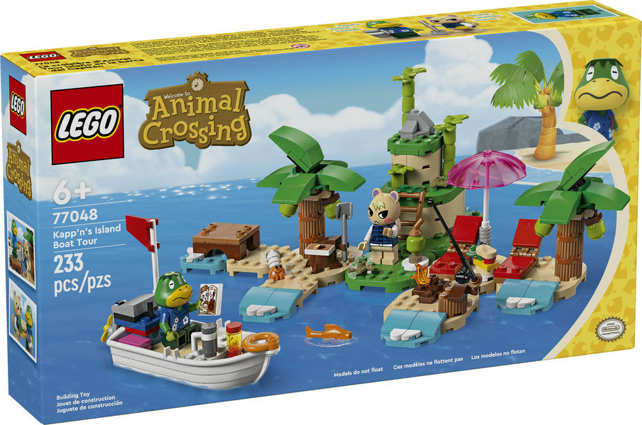 LEGO Animal Crossing Kapp’n’s Island Boat Tour set featuring Kapp’n on boat and island with palm trees and Marshal the squirrel.