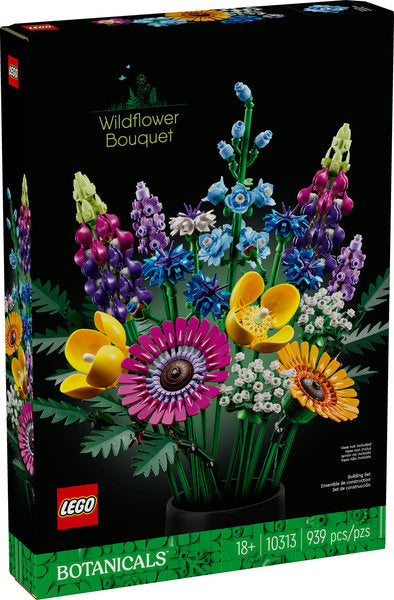 LEGO Botanicals Wildflower Bouquet featuring colorful intricate wildflowers on adjustable stems in a black vase for home decor.