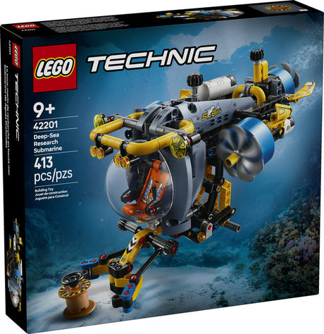 LEGO Technic Deep-Sea Research Submarine model with 413 pieces, steering, propellers, and extending arm for underwater exploration.