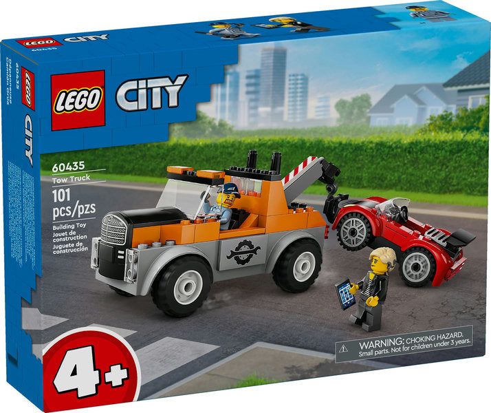City Tow Truck and Sports Car Repair toy set with tow truck, sports car, and minifigures for imaginative play.