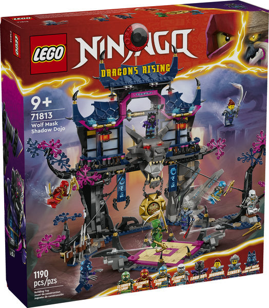 LEGO Ninjago Wolf Mask Shadow Dojo set featuring a 2-tiered dojo with minifigures and weapon accessories.