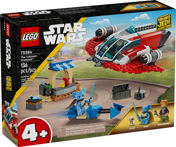 LEGO Star Wars The Crimson Firehawk set with starship, speeder bike, three minifigures, and marketplace build for kids 4+ years.