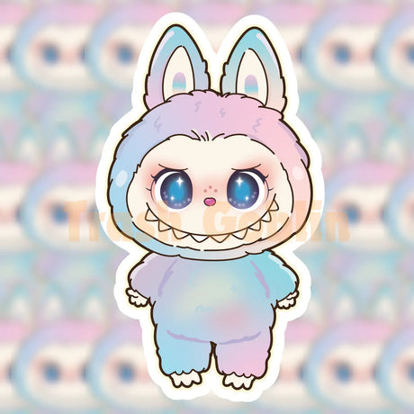 Cute pastel rainbow character with big sparkly eyes and bunny ears in a soft vinyl sticker design