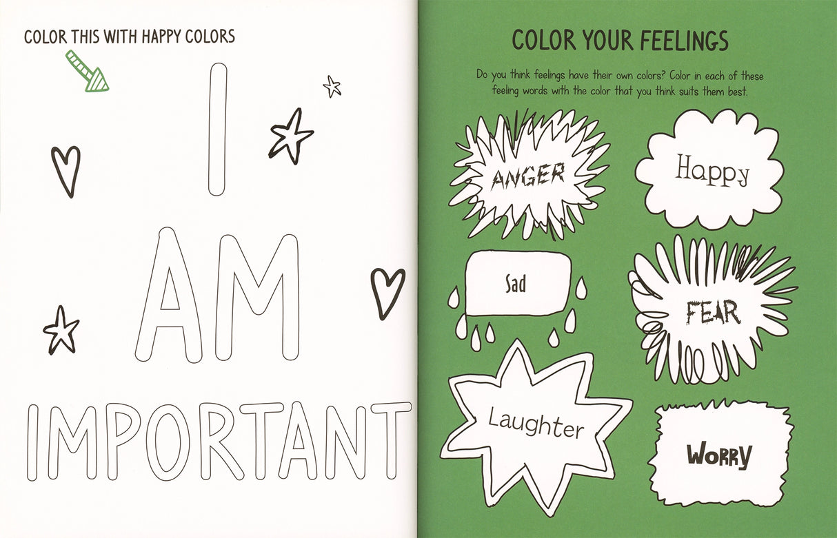 Open pages of a children's activity book with coloring exercises about feelings and positive affirmations.
