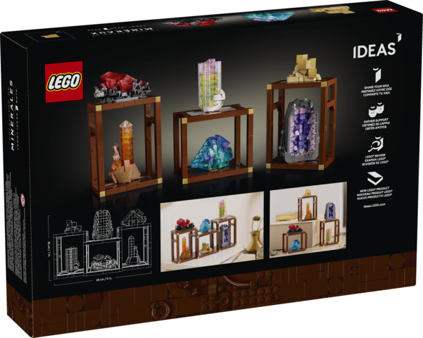LEGO Ideas Mineral Collection with buildable shelving units and colorful mineral replicas for creative display and decoration.