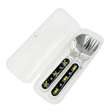 Child’s silverware set with sea turtle and seahorse handles in a white travel case, designed for small hands.