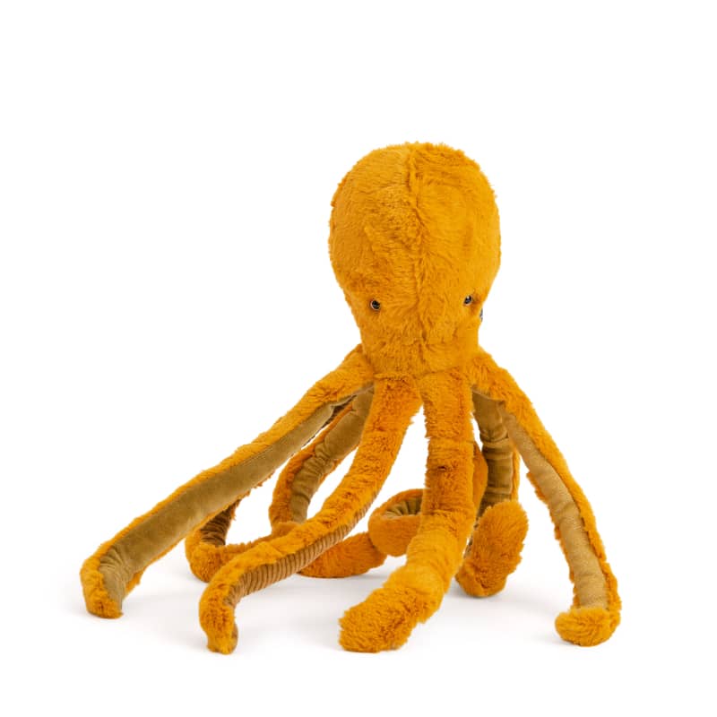 Soft velvet medium-sized orange octopus plush toy with eight flexible tentacles sitting on a white background