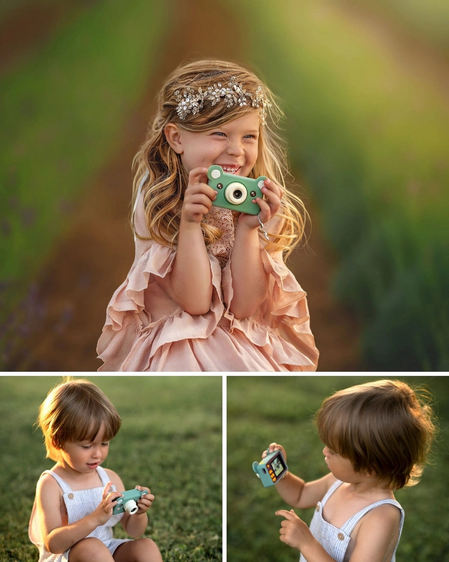 Children happily using Digital Camera Model C | Mikayo the Bear designed for kids aged 3 to 7 with a soft silicone case.