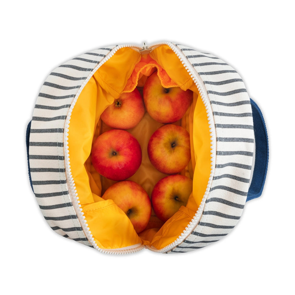Striped zipper lunch bag open to show six red apples inside and bright yellow food-safe lining