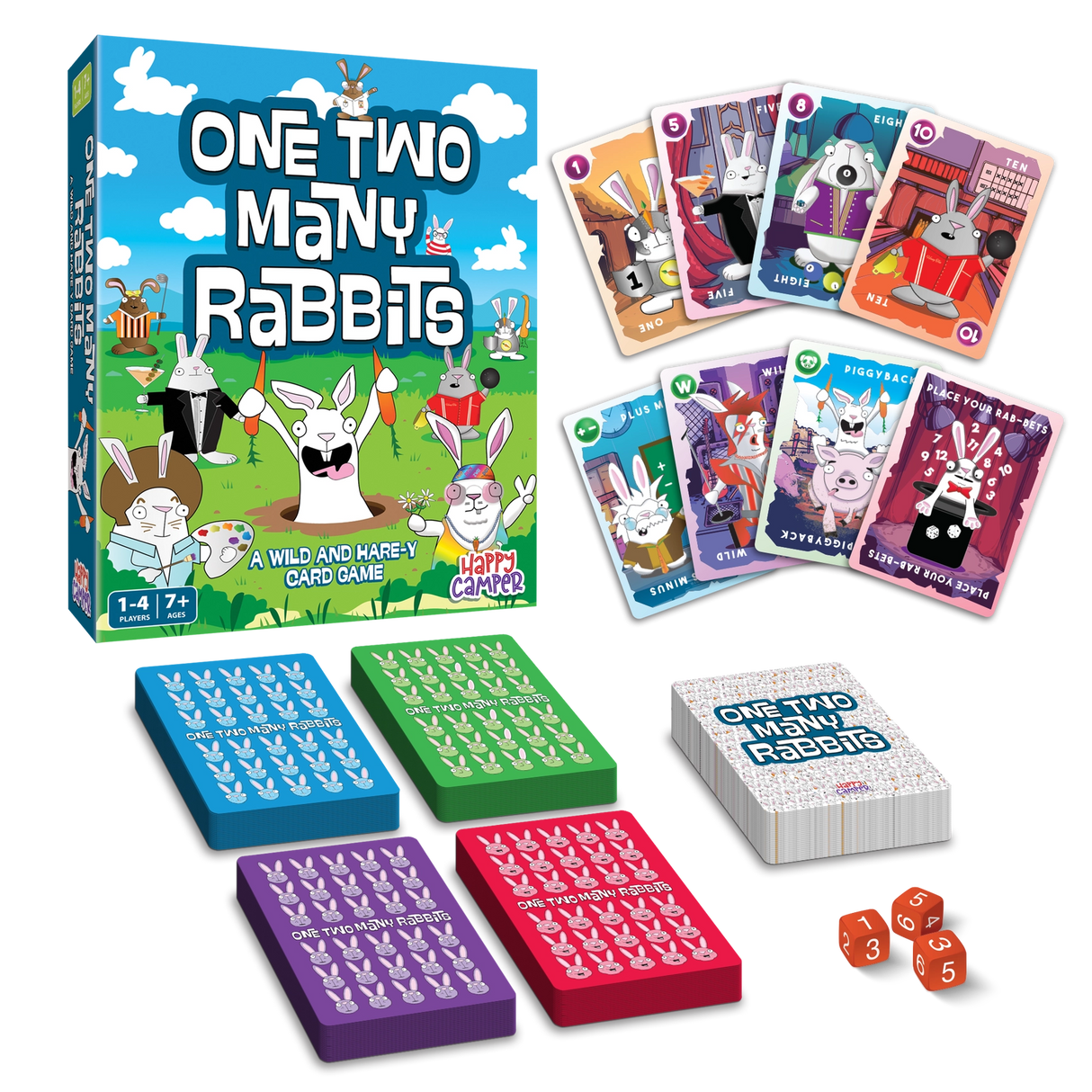 One Two Many Rabbits game with colorful cards and dice, playful rabbit characters on a green field background.