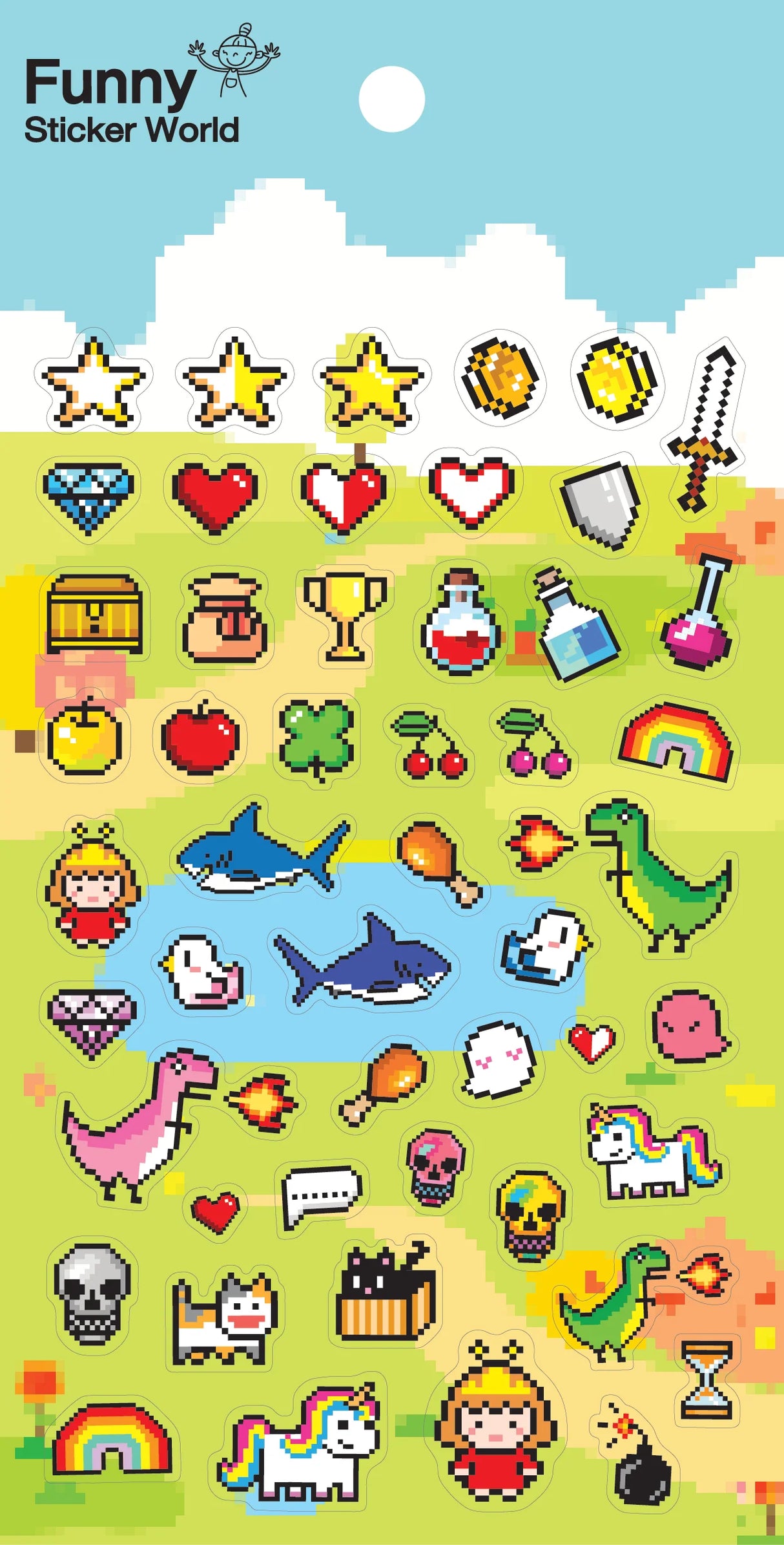 Video Game Party Stickers featuring pixel art characters, items, and symbols for creative decorating and storytelling.