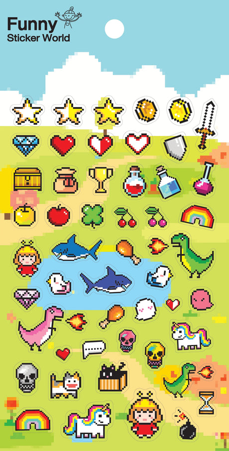 Video Game Party Stickers featuring pixel art characters, items, and symbols for creative decorating and storytelling.
