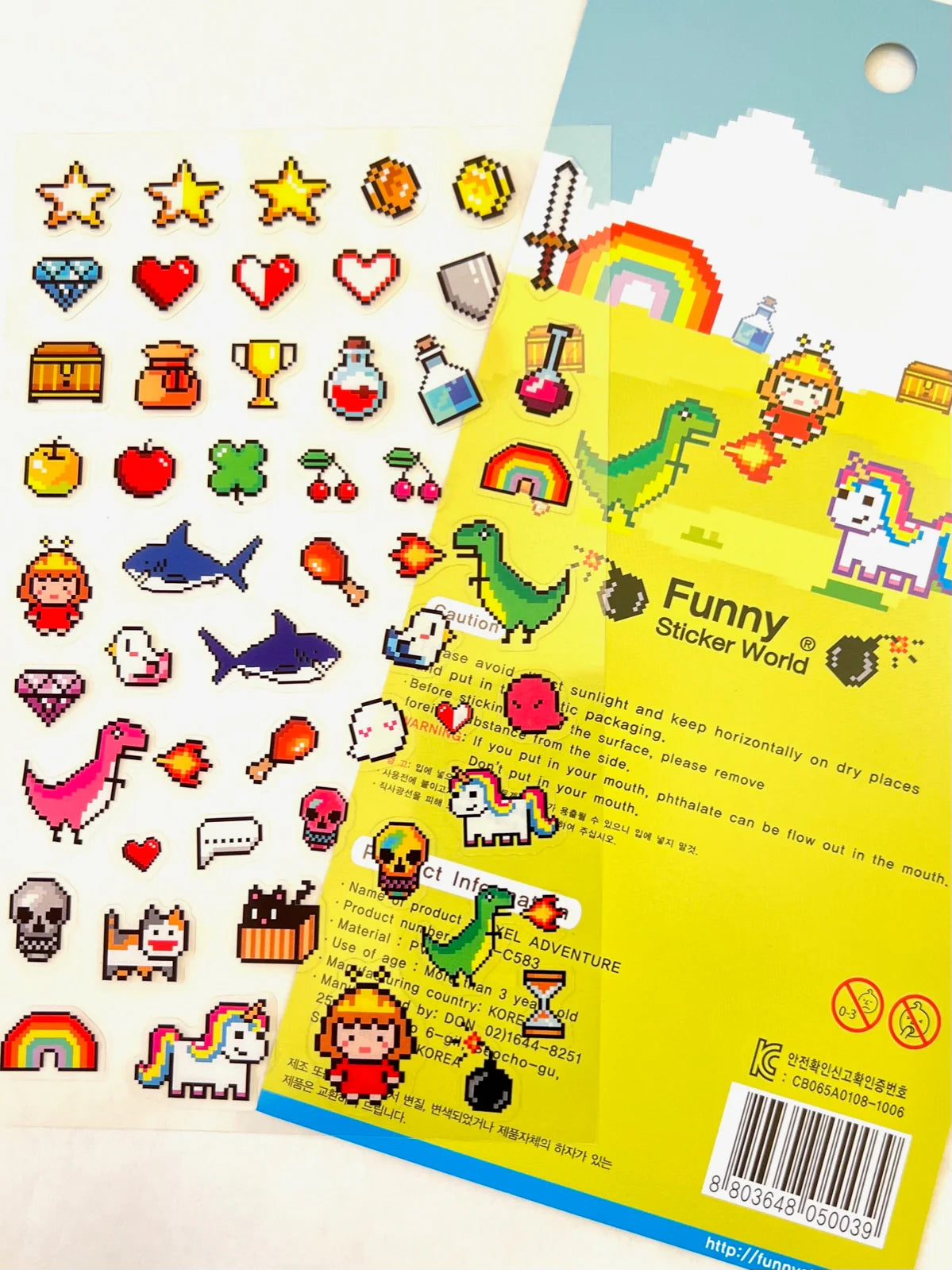 Video Game Party Stickers featuring colorful pixel art icons like stars, hearts, swords, and unicorns for creative fun.