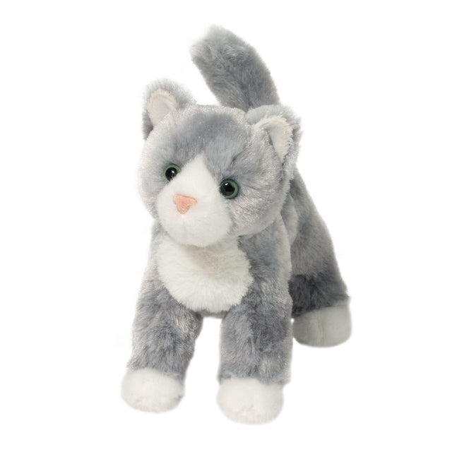 Gray Cat Scatter plush toy with soft gray and white fur, pink nose, and green eyes in playful standing pose.