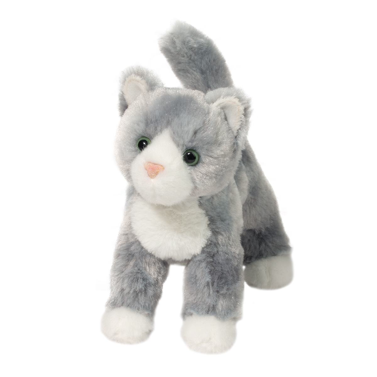 Gray Cat Scatter plush toy with soft gray and white fur, pink nose, and green eyes in playful standing pose.