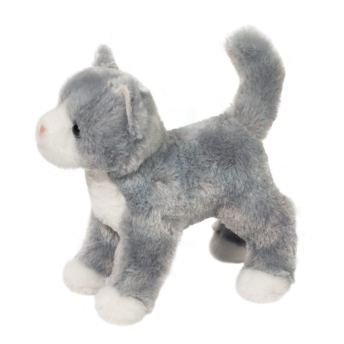 Gray Cat Scatter plush with soft gray fur, white markings, golden eyes, and a playful stand-up pose.
