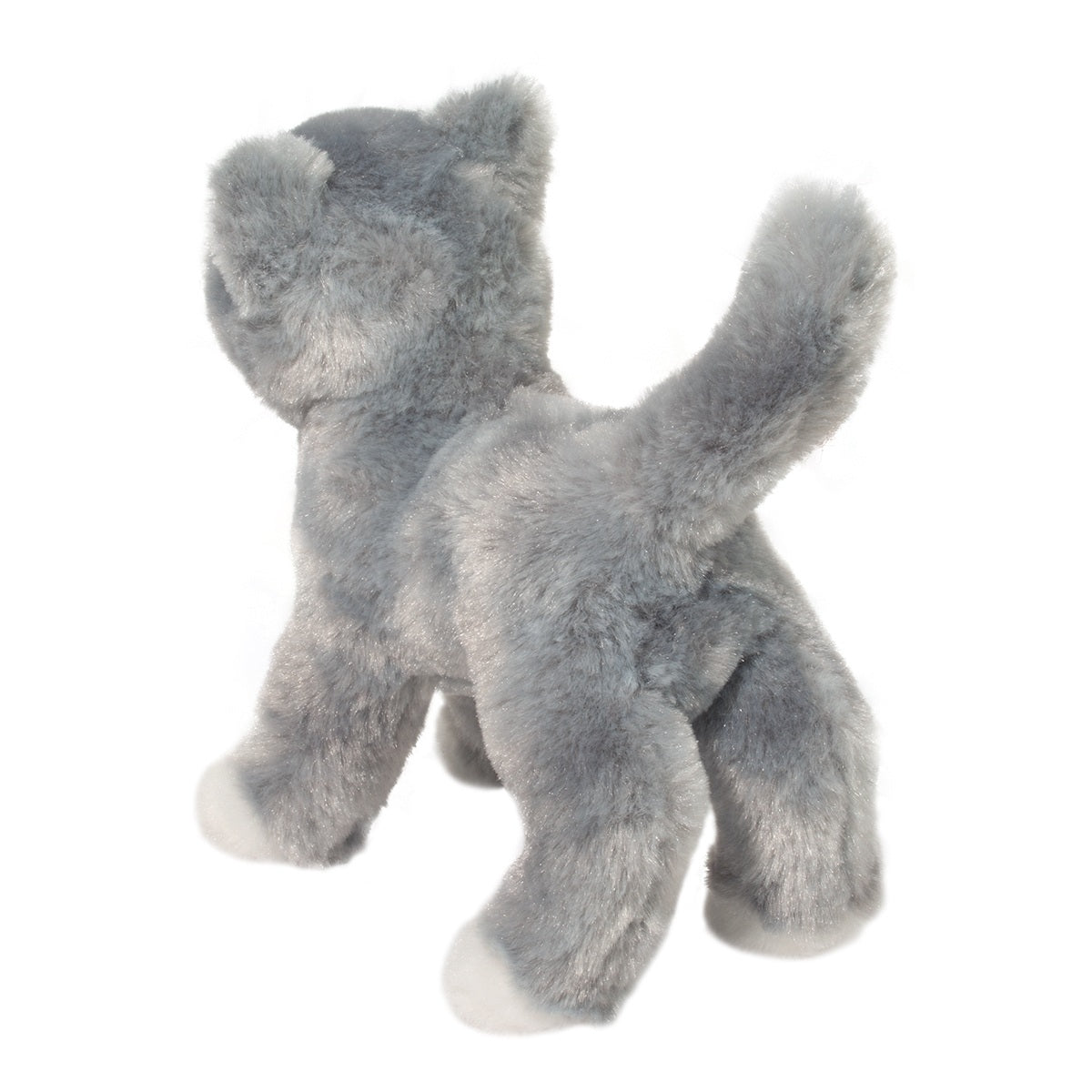 Gray Cat Scatter plush toy with soft gray fur, white paws, tail up, standing pose, and squeezable polyester fill.