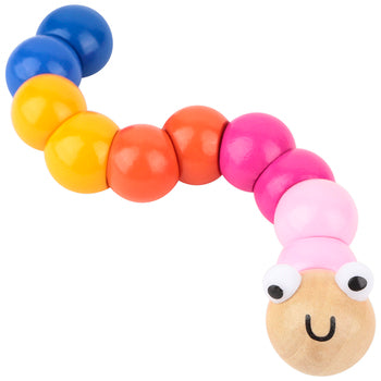 Majigg Woody the Worm colorful wooden toy with round painted ball segments and smiling face for children ages 1 and up.