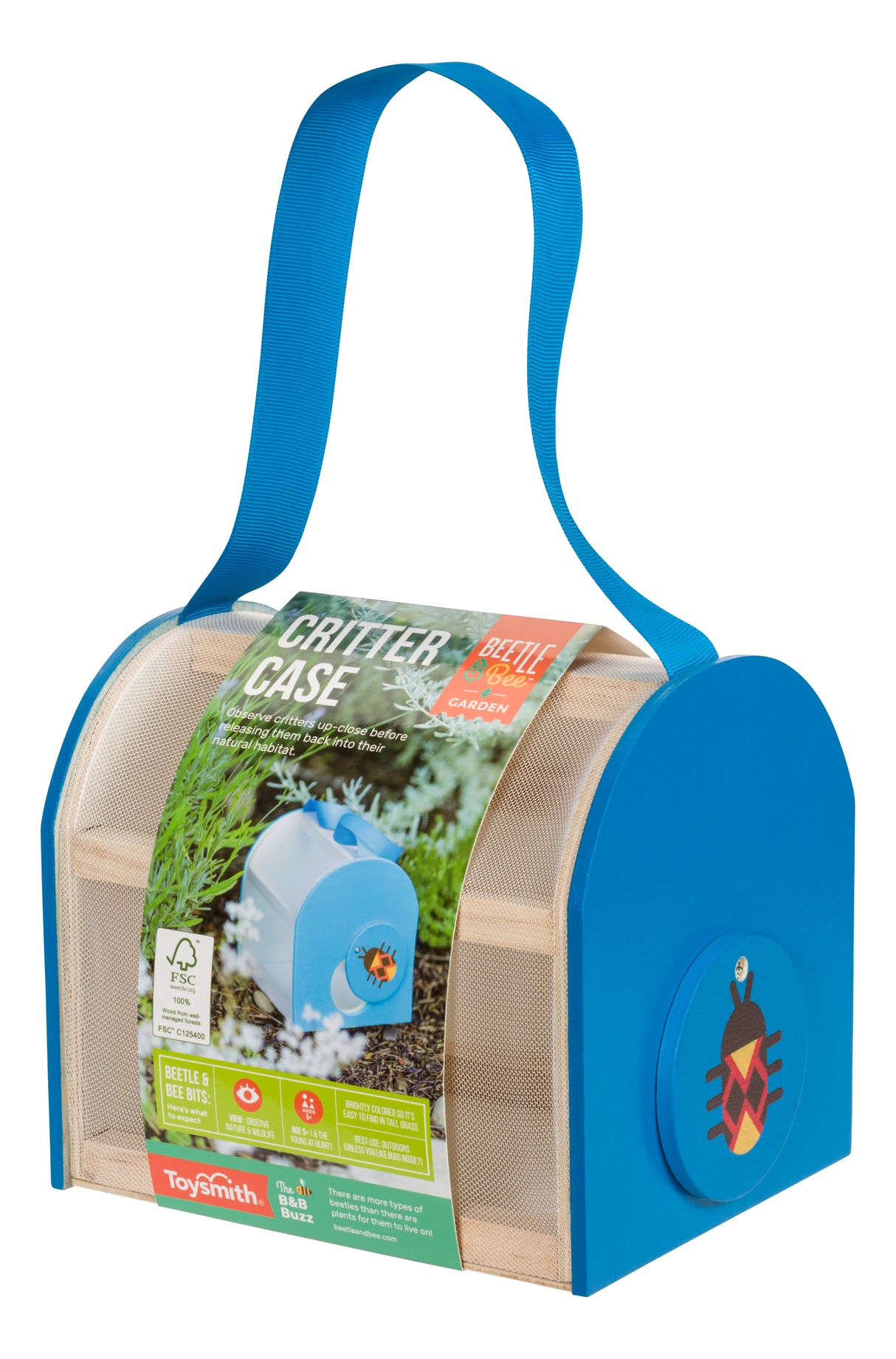 Beetle & Bee Garden Critter Case with breathable mesh sides and blue handle for safe outdoor bugs exploration.
