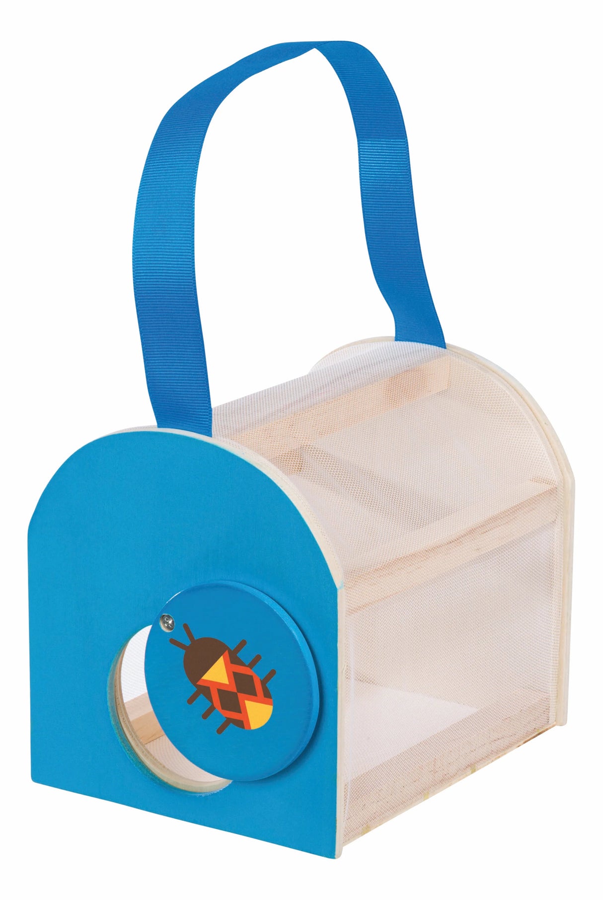 Beetle & Bee Garden Critter Case with breathable mesh sides, sturdy FSC wood, and blue carrying handle for outdoor use.