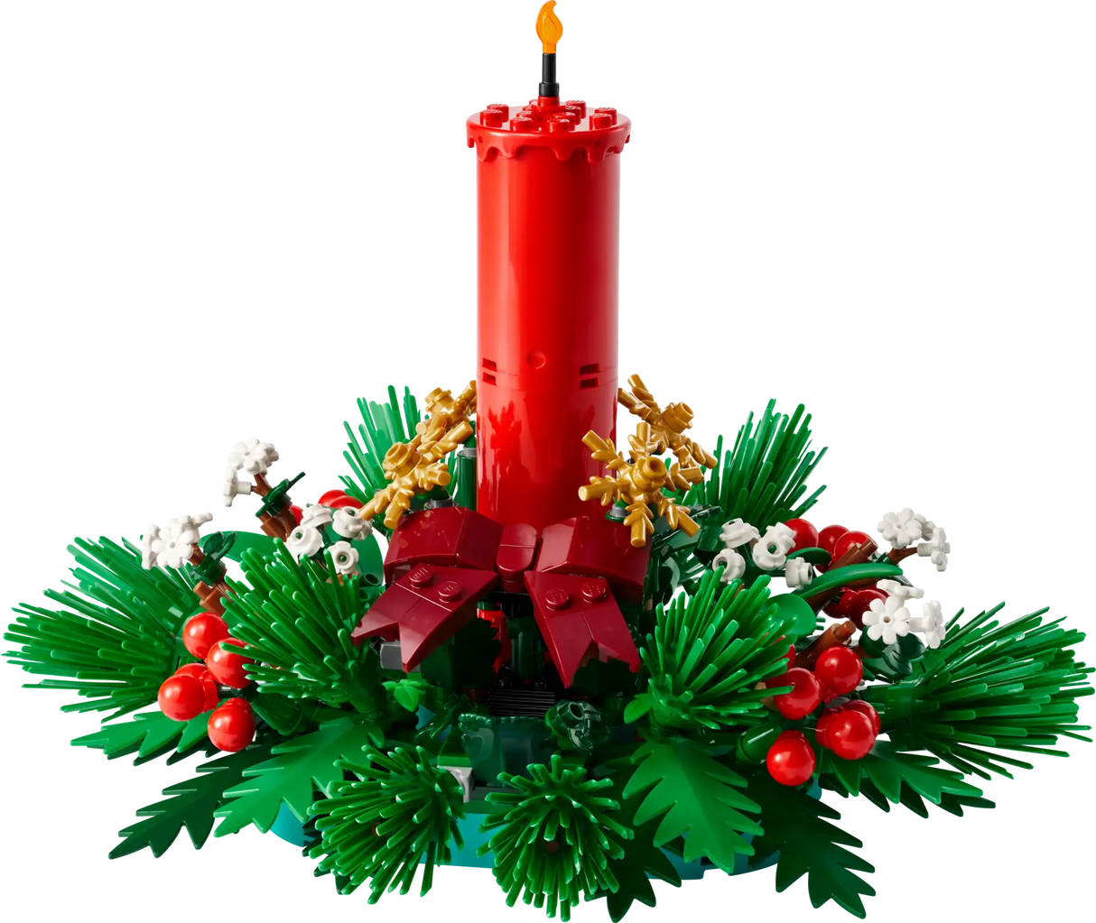 Red candle centerpiece with green foliage, red berries, golden stars, and white floral accents holiday decor.