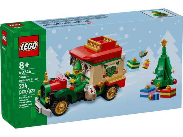 LEGO Santa's Delivery Truck playset with elf driver, Christmas tree, presents, and holiday decorations for imaginative play.