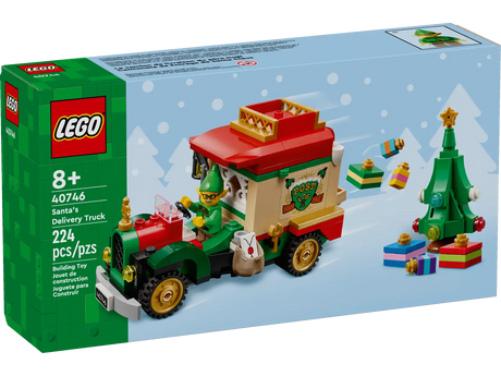 LEGO Santa's Delivery Truck playset with elf driver, Christmas tree, presents, and holiday decorations for imaginative play.