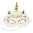 White unicorn mask with golden horn, ears, silver stars and hearts, designed for children with elastic band.