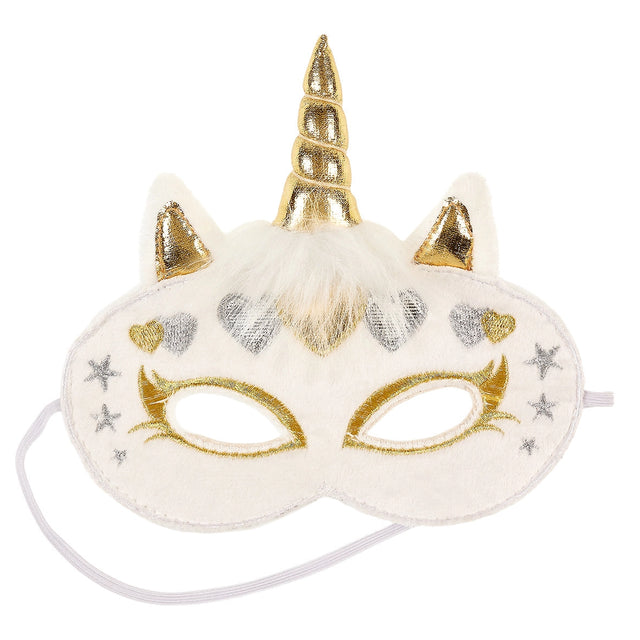 White unicorn mask with golden horn, ears, silver stars and hearts, designed for children with elastic band.