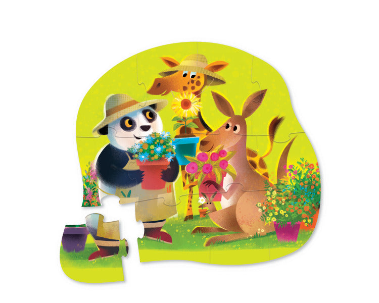12pc Flower Power Puzzle featuring pandas, giraffes, and kangaroos gardening with colorful flowers and pots.