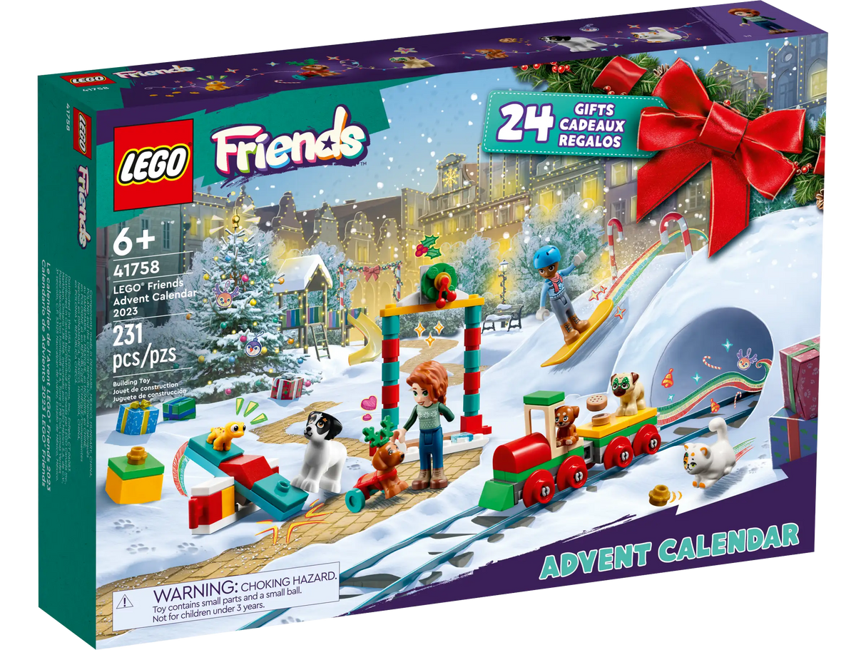 LEGO Friends Advent Calendar featuring 24 festive gifts with mini-dolls, pets, and a Christmas train for kids 6+