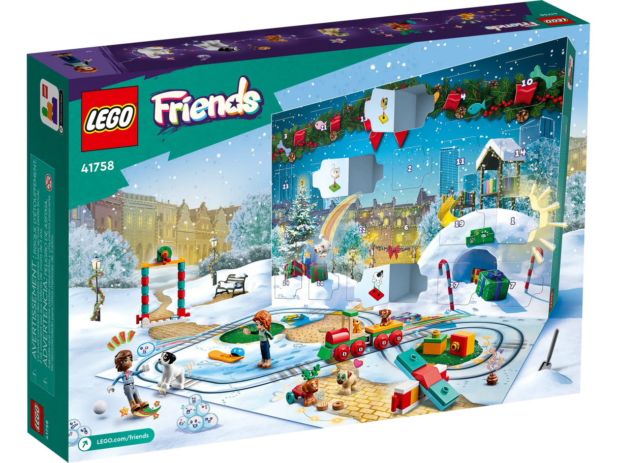 LEGO Friends Advent Calendar featuring festive pet playground, mini-dolls, and holiday train for Christmas countdown.