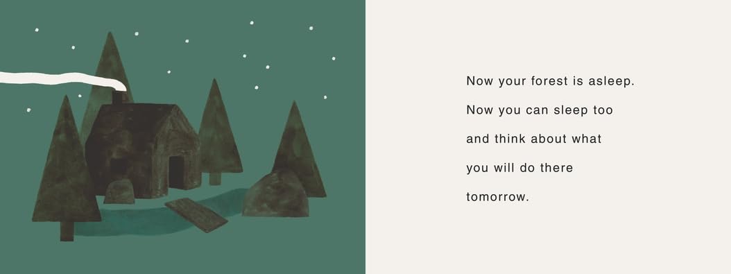Your Forest board book illustration showing a dark cabin and trees under a starry night with bedtime text for children.