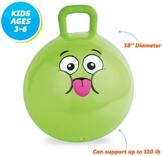 Green My First Hopper Ball for kids ages 3-6 with handle and fun face design, 18-inch diameter, supports up to 110 lb