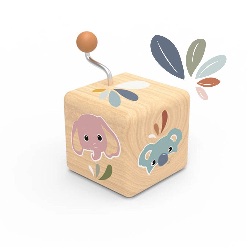 Small wooden music box with colorful animal illustrations and a metal winding handle with wooden knob