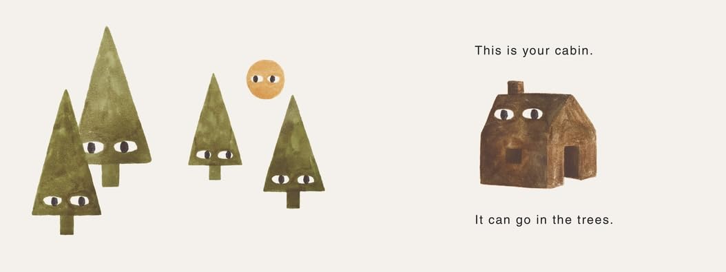 Your Forest board book illustration showing trees with eyes and a brown cabin nestled among them.