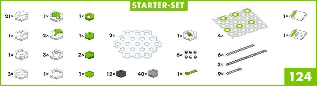 GraviTrax Starter Set components laid out including tiles, tracks, marbles, bases, and magnetic cannon pieces for marble run building.